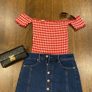 Red and white gingham off the shoulder crop top